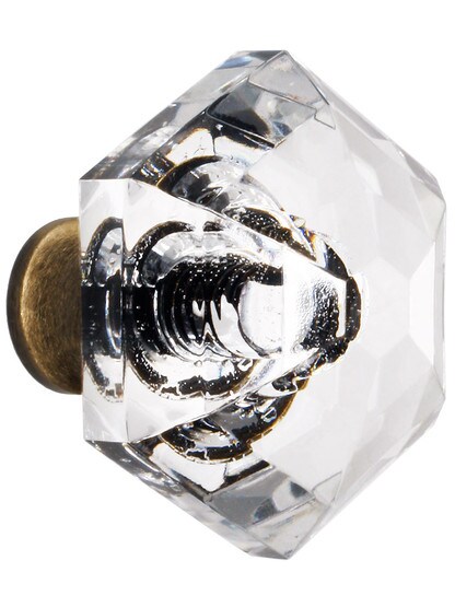 German Crystal Diamond Cut Hexagonal Knob With Solid Brass Base In Antique Brass.